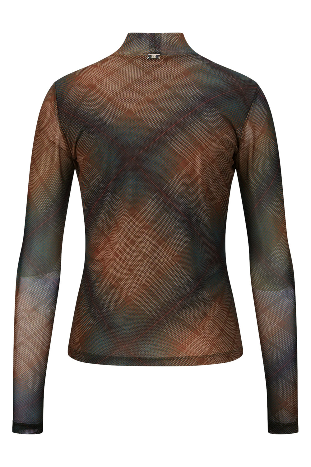 Riani 678310 brown check print mesh high neck top at Lonah Boutique