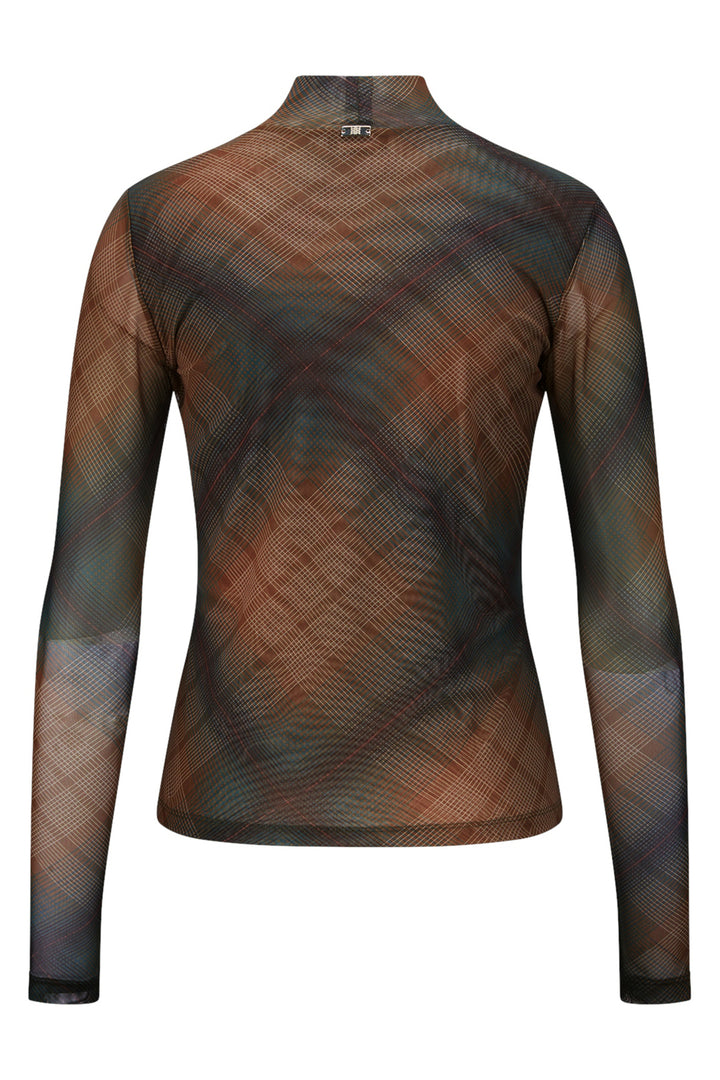 Riani 678310 brown check print mesh high neck top at Lonah Boutique