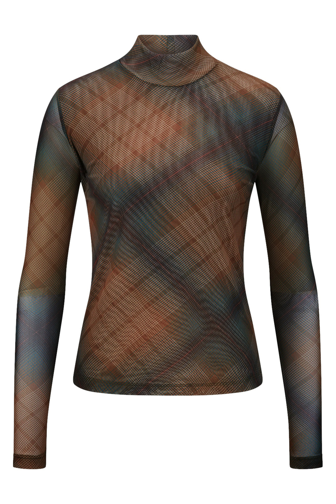 Riani 678310 brown check print mesh high neck top at Lonah Boutique