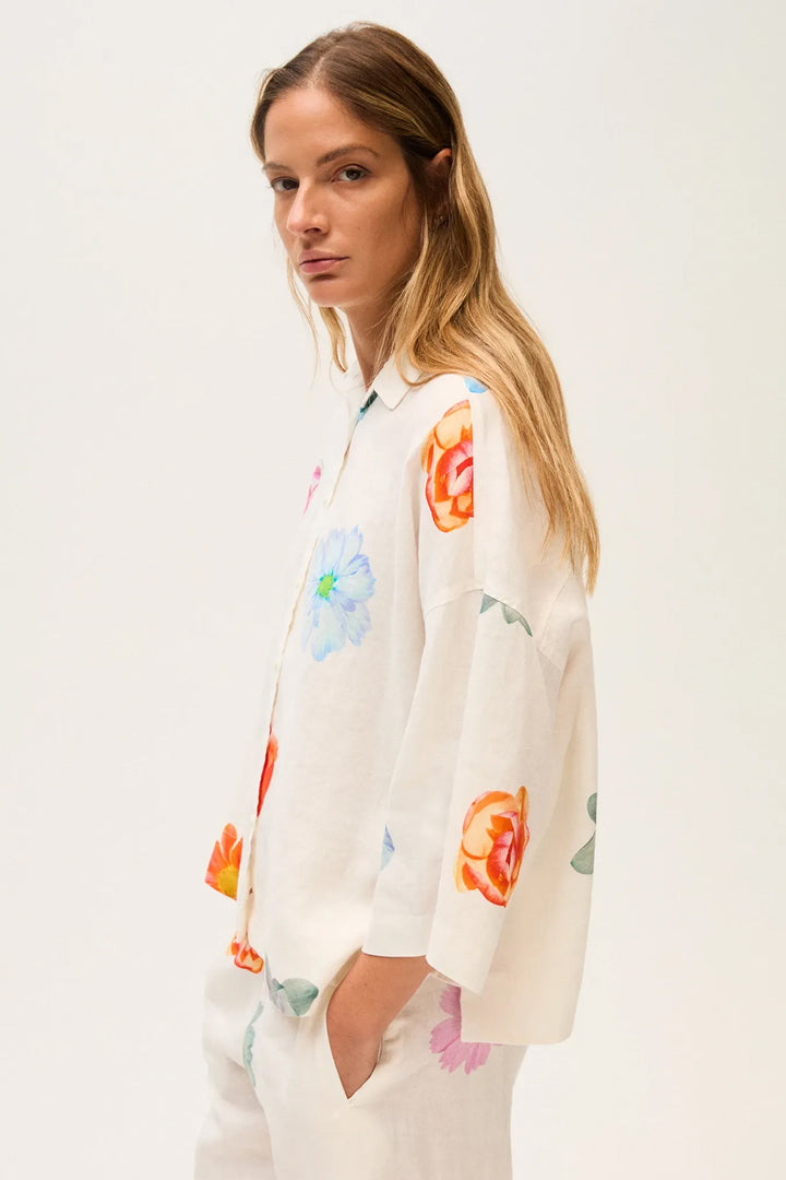 Rosso35 N1941B White Print Linen Oversized Shirt 8471-800-00