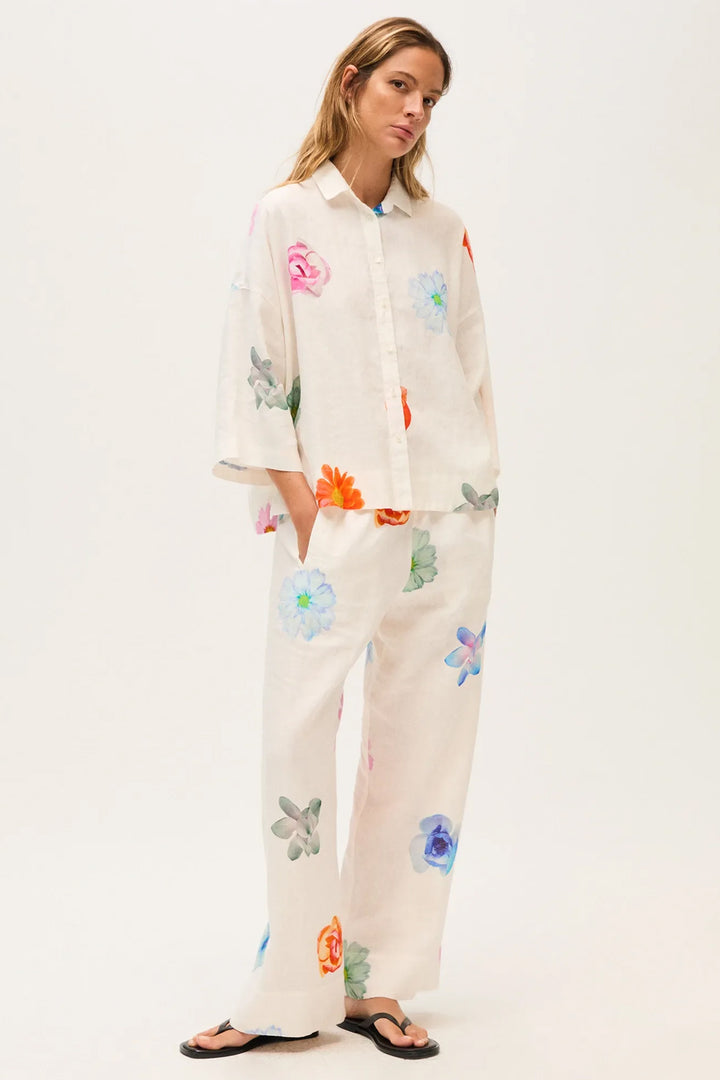 Rosso35 N1941B White Print Linen Oversized Shirt 8471-800-00