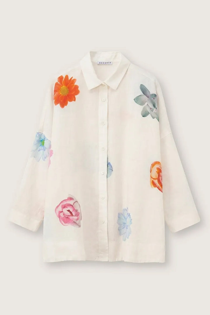 Rosso35 N1941B White Print Linen Oversized Shirt 8471-800-00