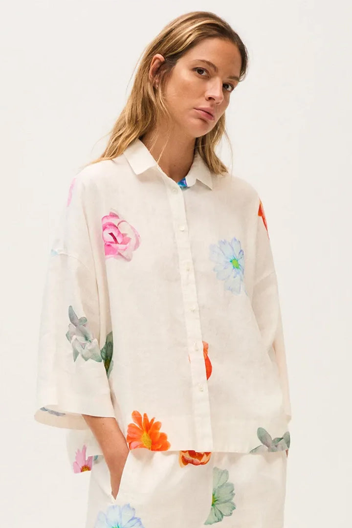 Rosso35 N1941B White Print Linen Oversized Shirt 8471-800-00