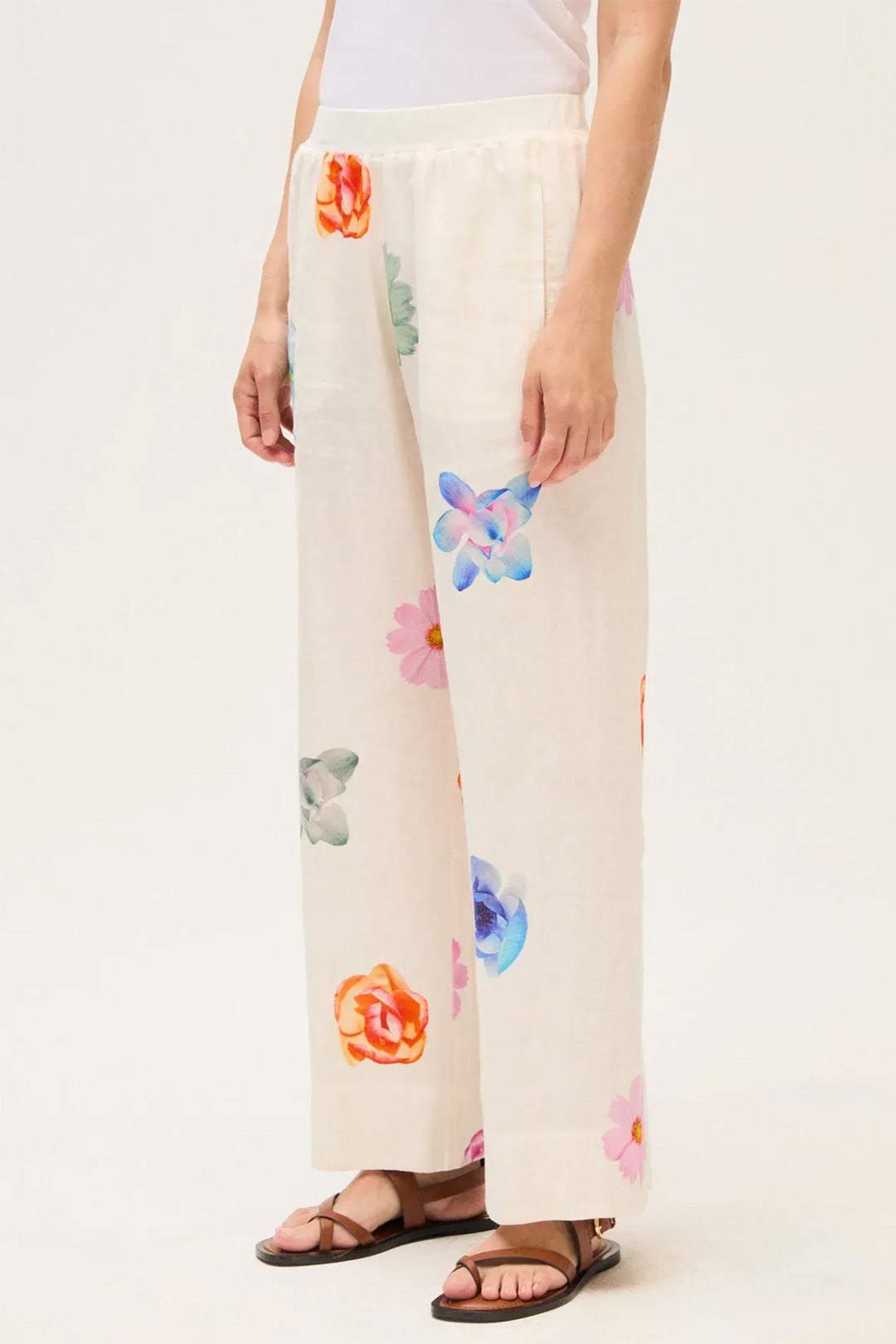 Rosso35 N1943P White Print Linen Wide Leg Trousers 8471-800-00