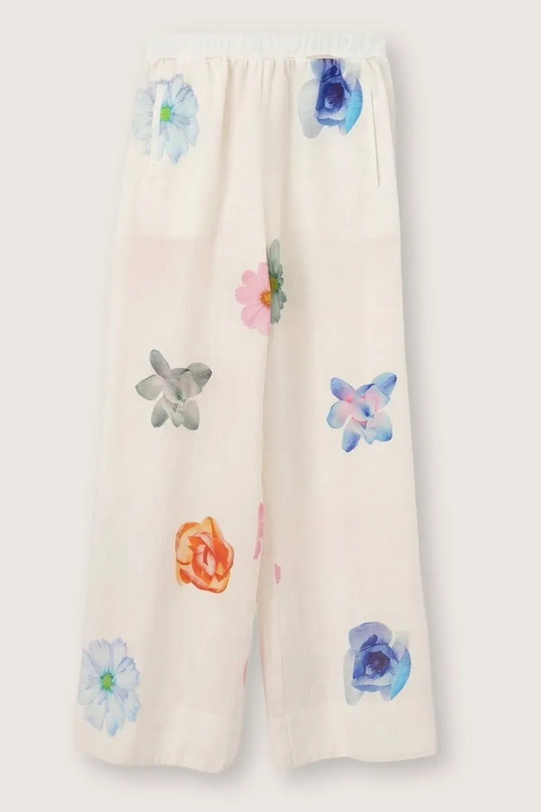 Rosso35 N1943P White Print Linen Wide Leg Trousers 8471-800-00