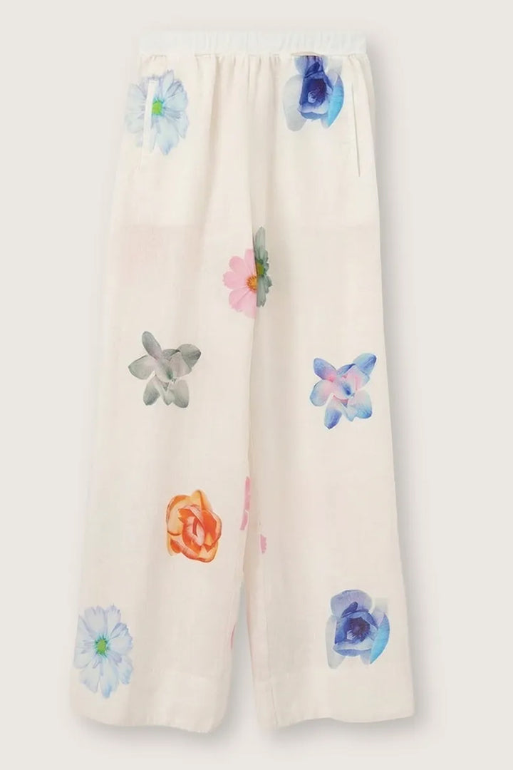 Rosso35 N1943P White Print Linen Wide Leg Trousers 8471-800-00