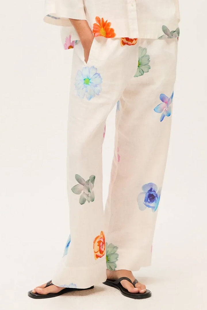 Rosso35 N1943P White Print Linen Wide Leg Trousers 8471-800-00