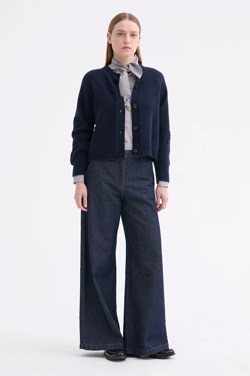 Rosso35 S7708BH 333 144 Brown Striped Shirt, full length under a navy cardigan