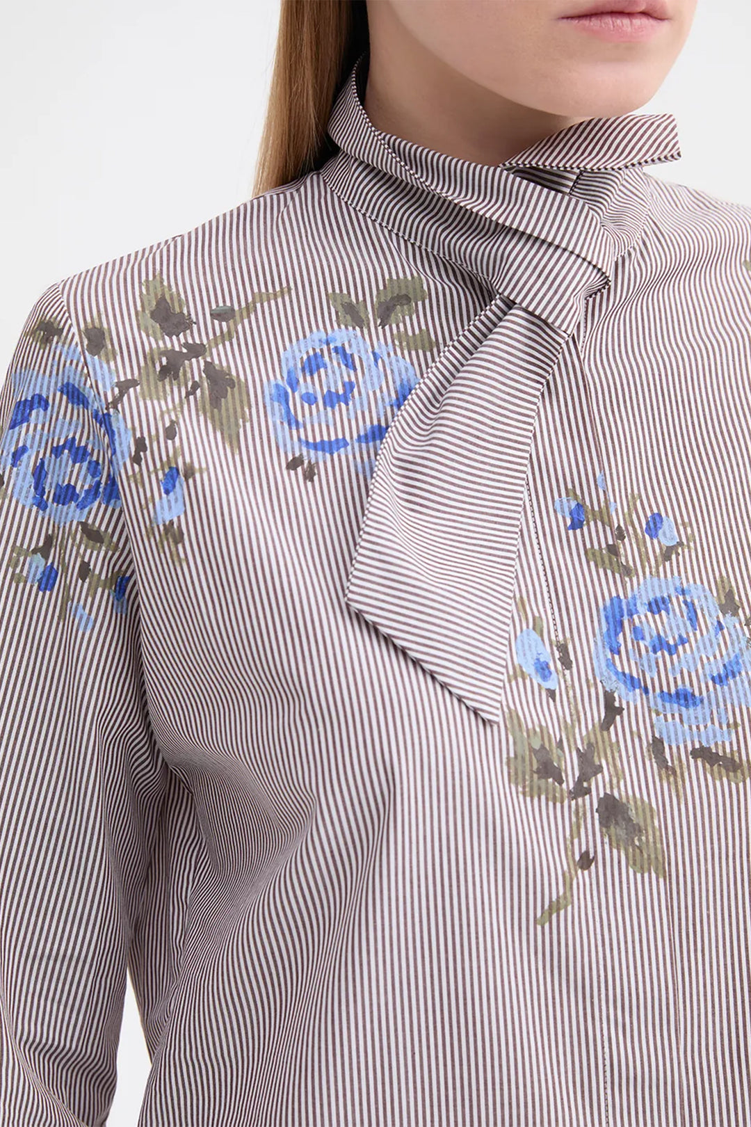 Rosso35 S7708BH 333 144 Brown Striped Shirt, hand-painted rose detail