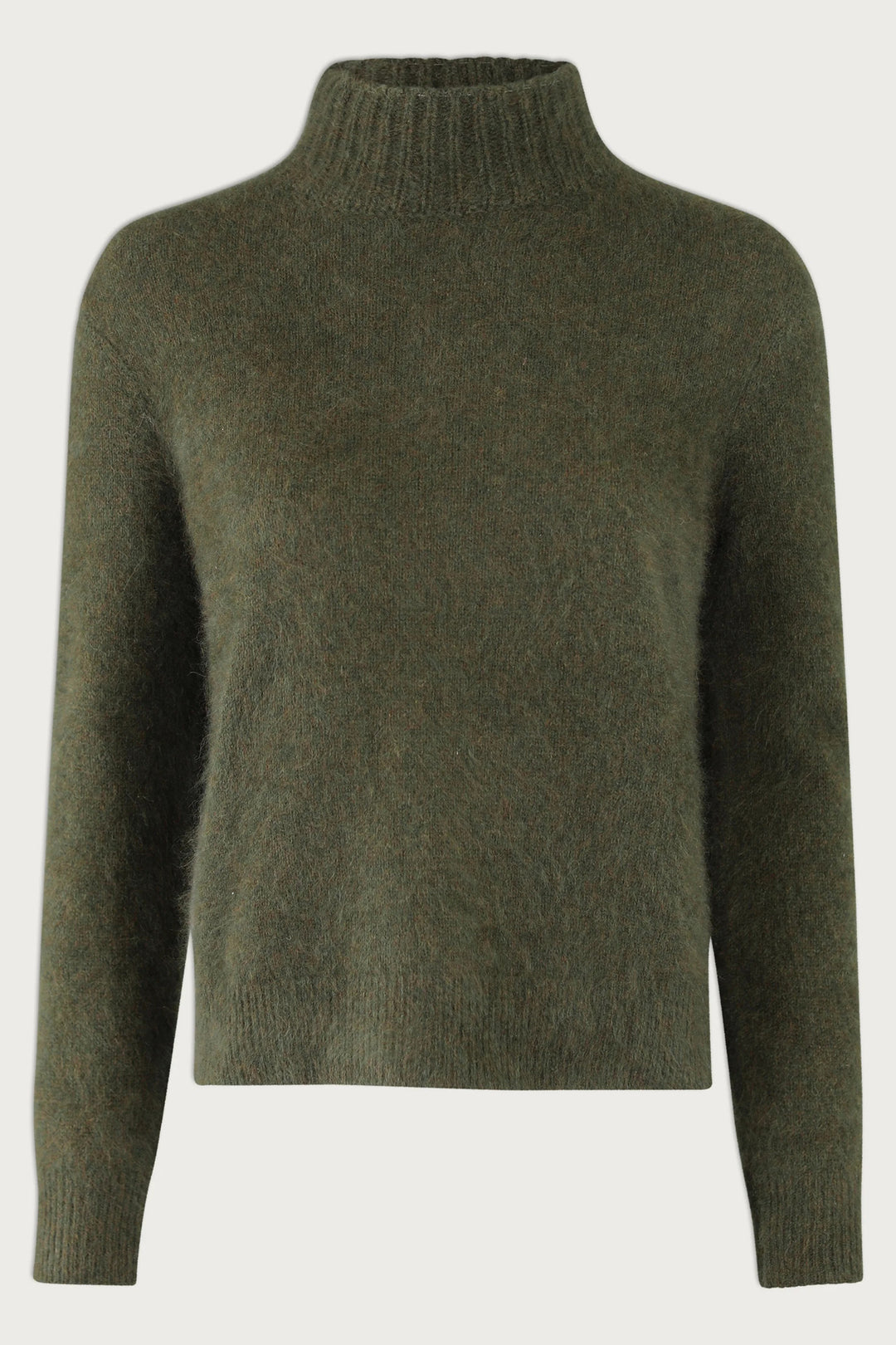 Green turtleneck sweater on a light gray background