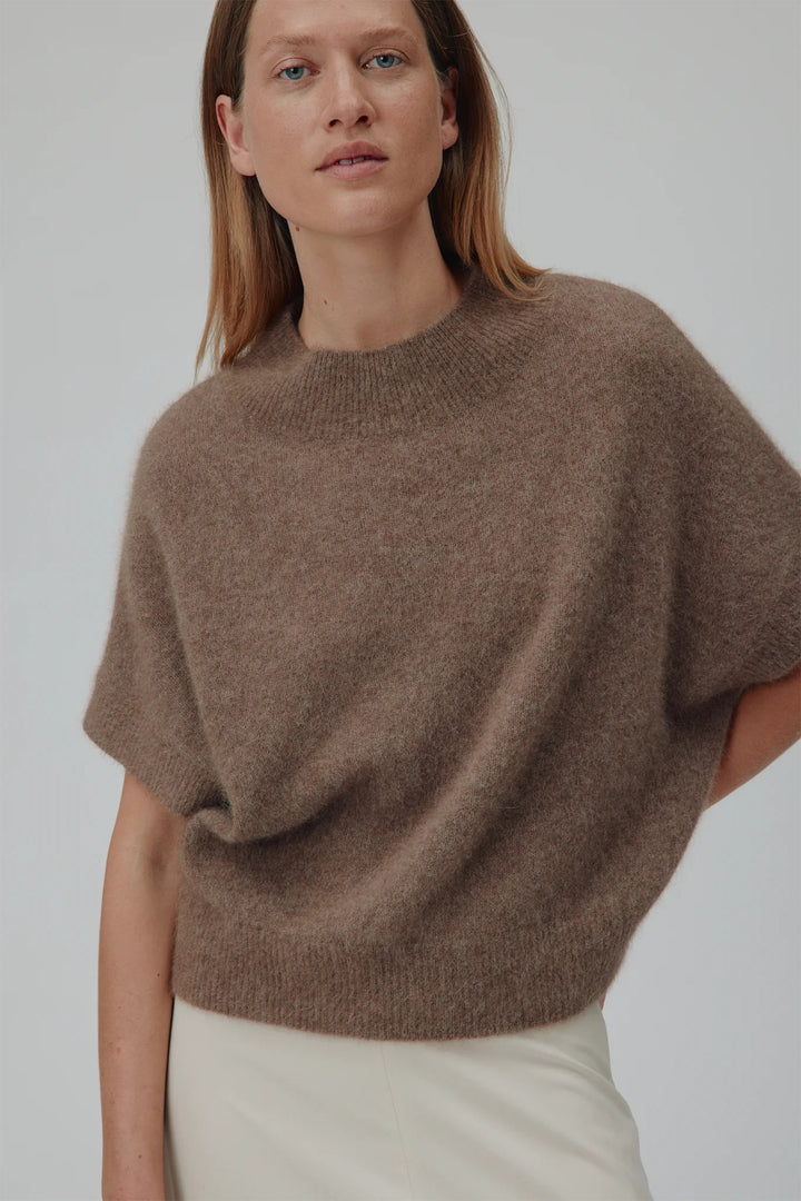 Six Ames Doanna 72278 Acorn Melange Round Neck Short Sleeve Sweater C3205
