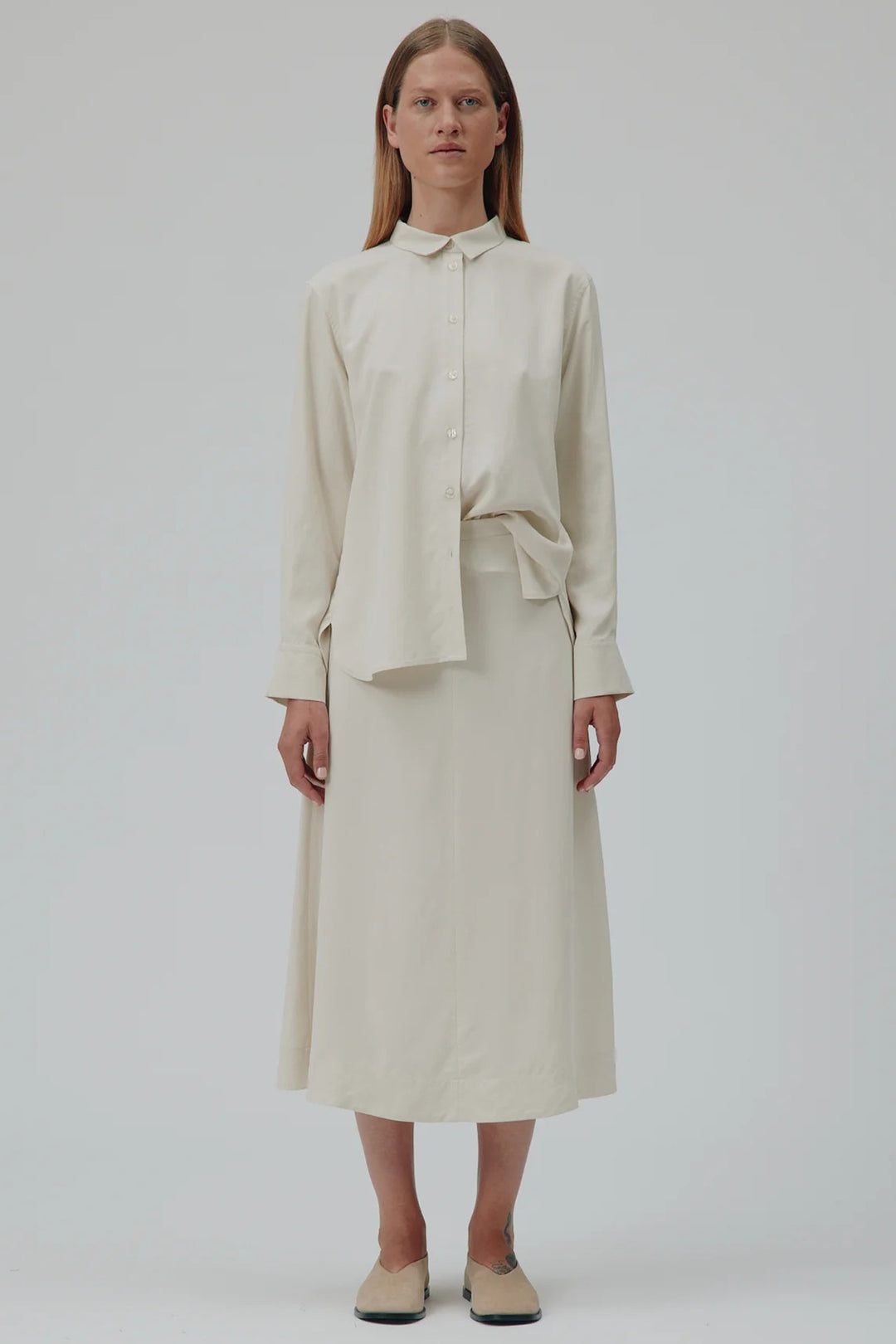 Six Ames Henrietta Turtledove Ivory Silk Midi Skirt 72263