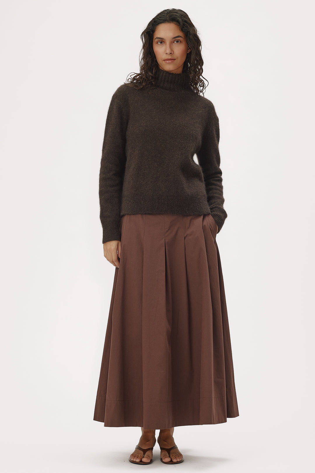 Six Ames Jade Espresso Brown Jumper 72395 C3920, styled on model