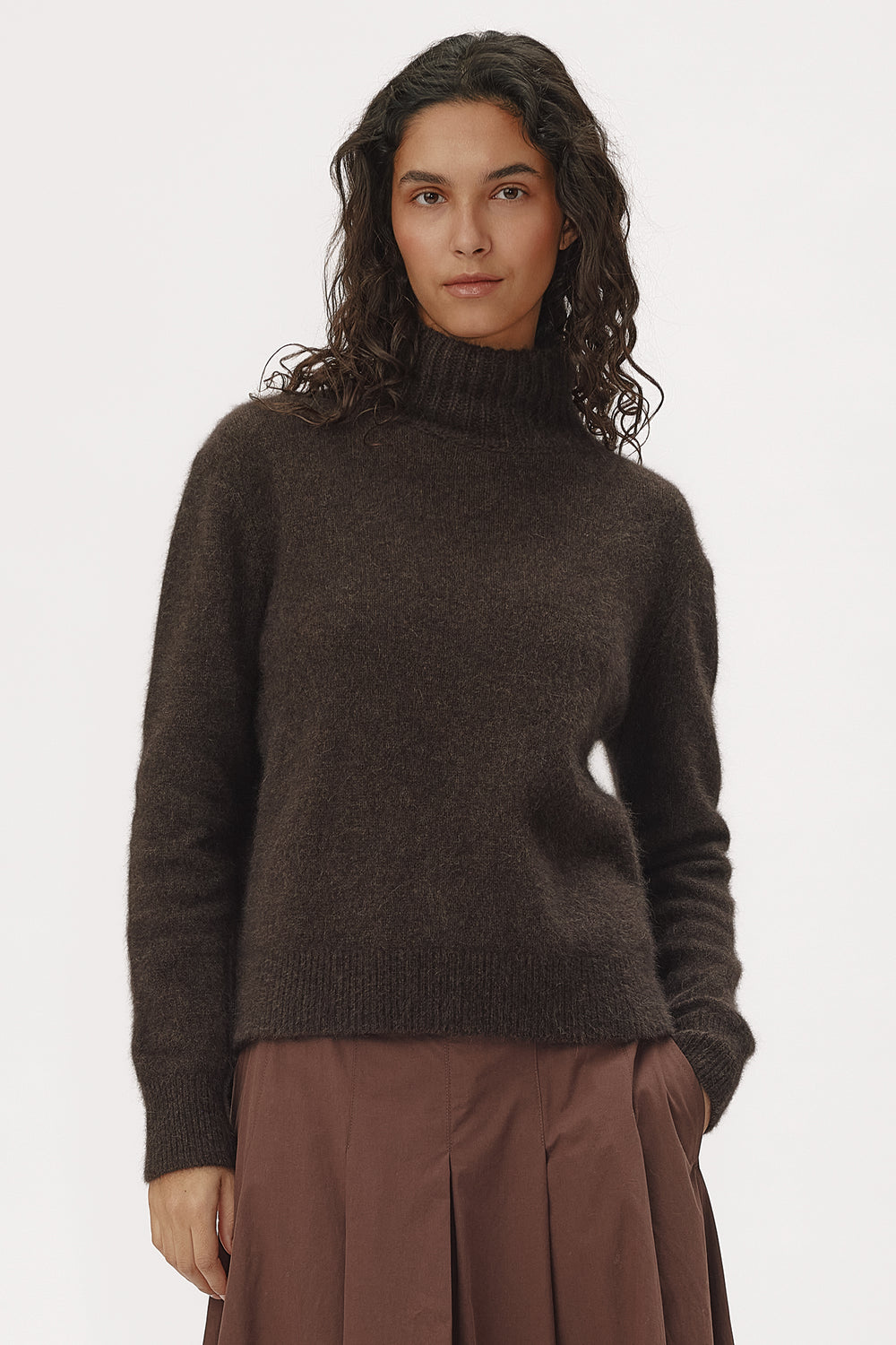 Six Ames Jade Espresso Brown Jumper 72395 C3920, styled on model close crop