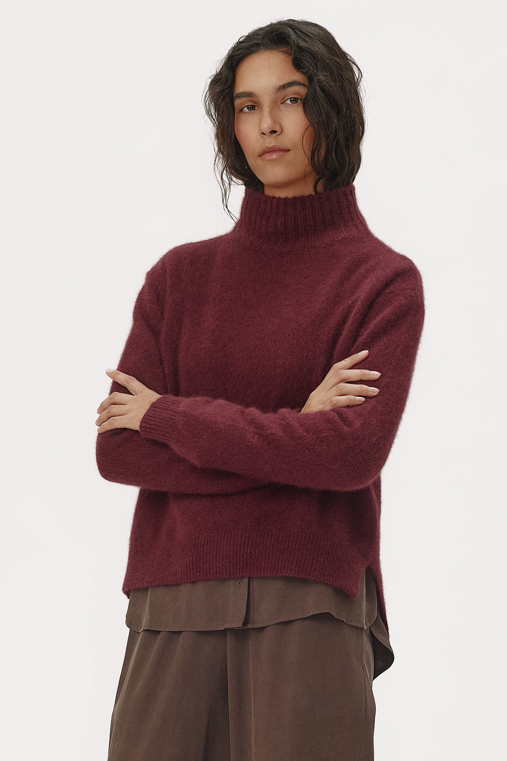 Six Ames Jade Fig Red Jumper 72395 C2016, styled on model close crop