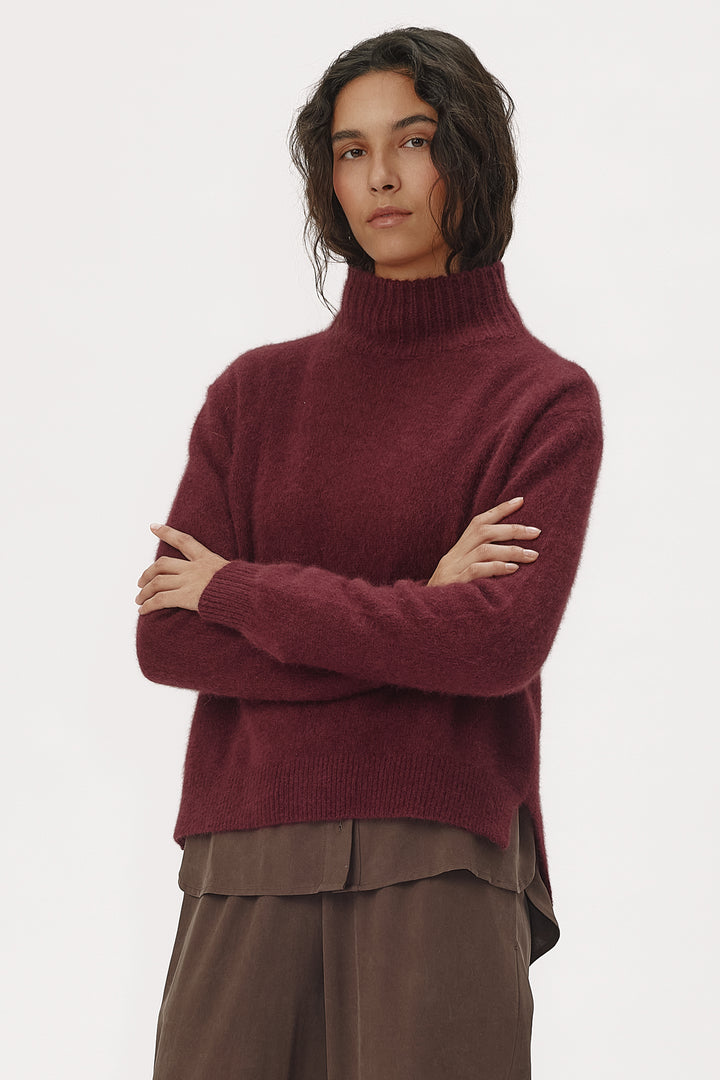 Six Ames Jade Fig Red Jumper 72395 C2016, styled on model close crop