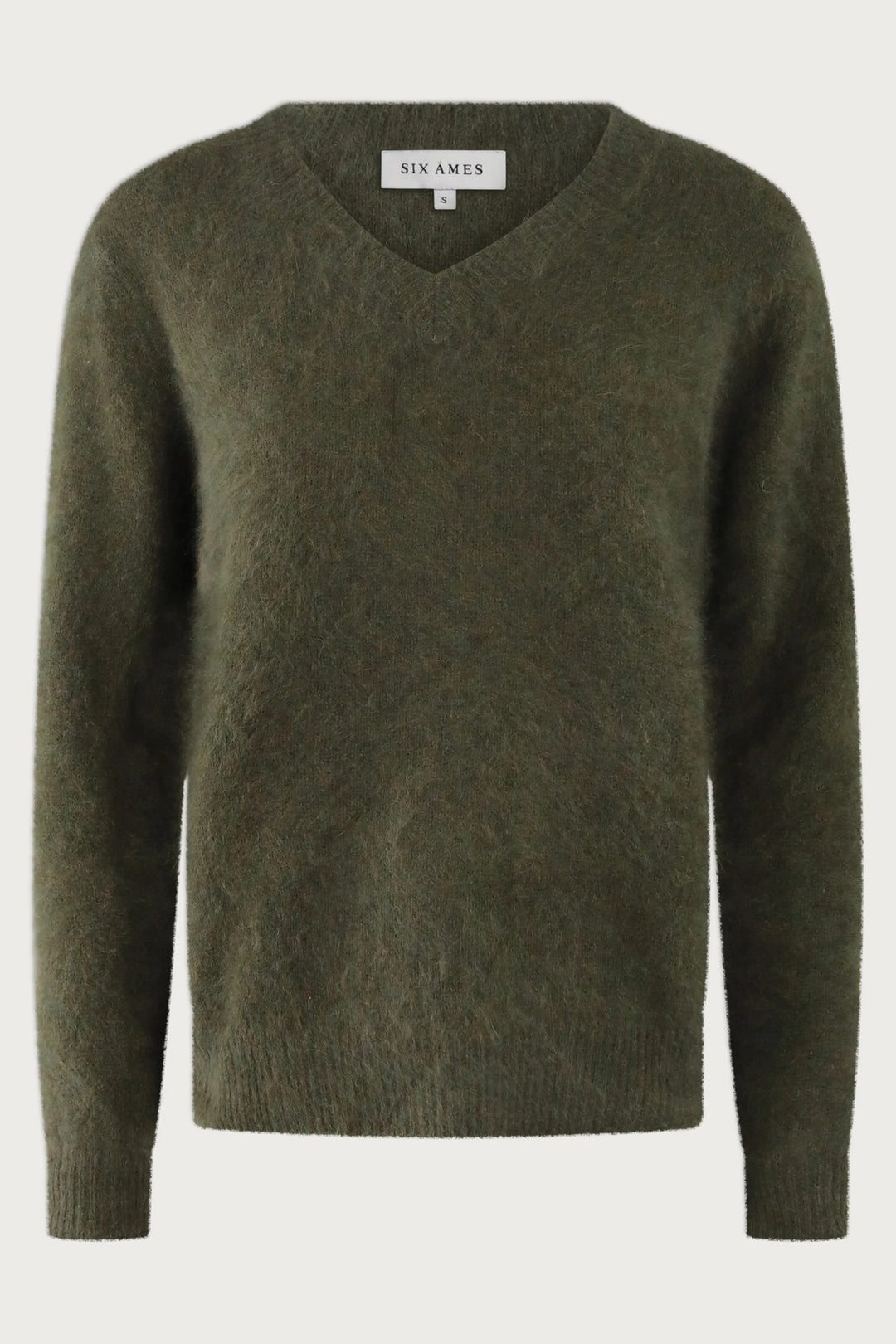 Green sweater with 'Six Ames' label on a white background