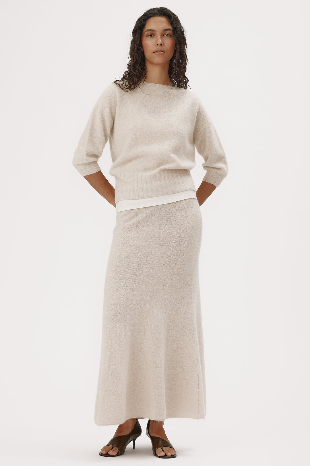 Six Ames Mona Oatmeal Beige Jumper 72379 C3820, styled on model
