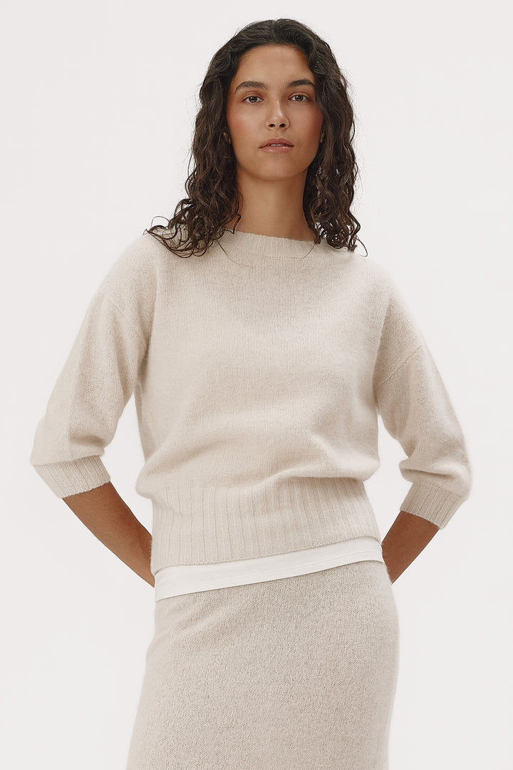 Six Ames Mona Oatmeal Beige Jumper 72379 C3820, styled on model close crop