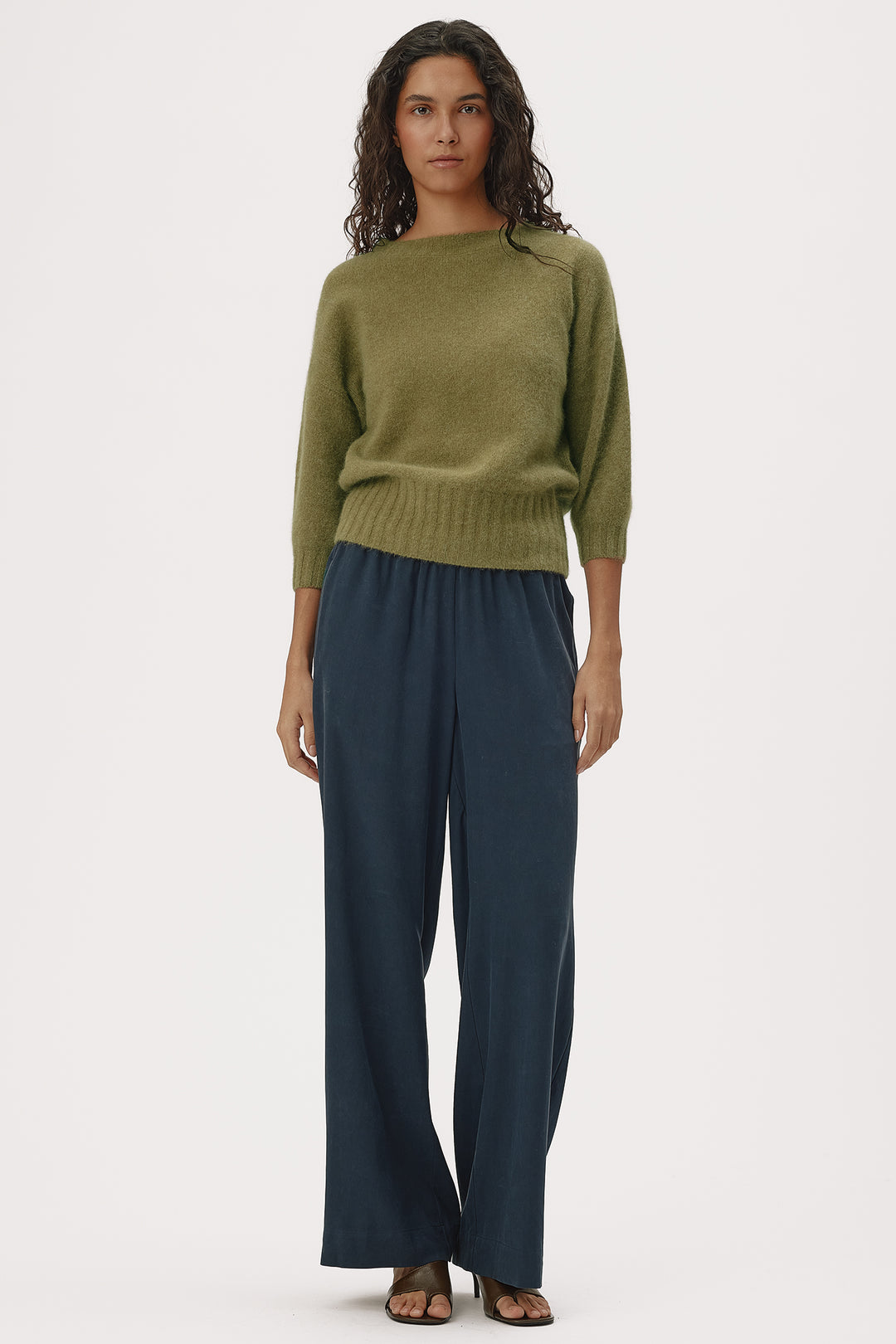 Six Ames Mona Olive Green Melange Jumper 72379 C3840, styled on model
