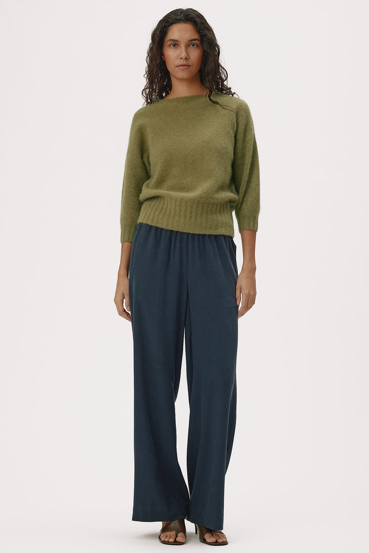 Six Ames Mona Olive Green Melange Jumper 72379 C3840, styled on model