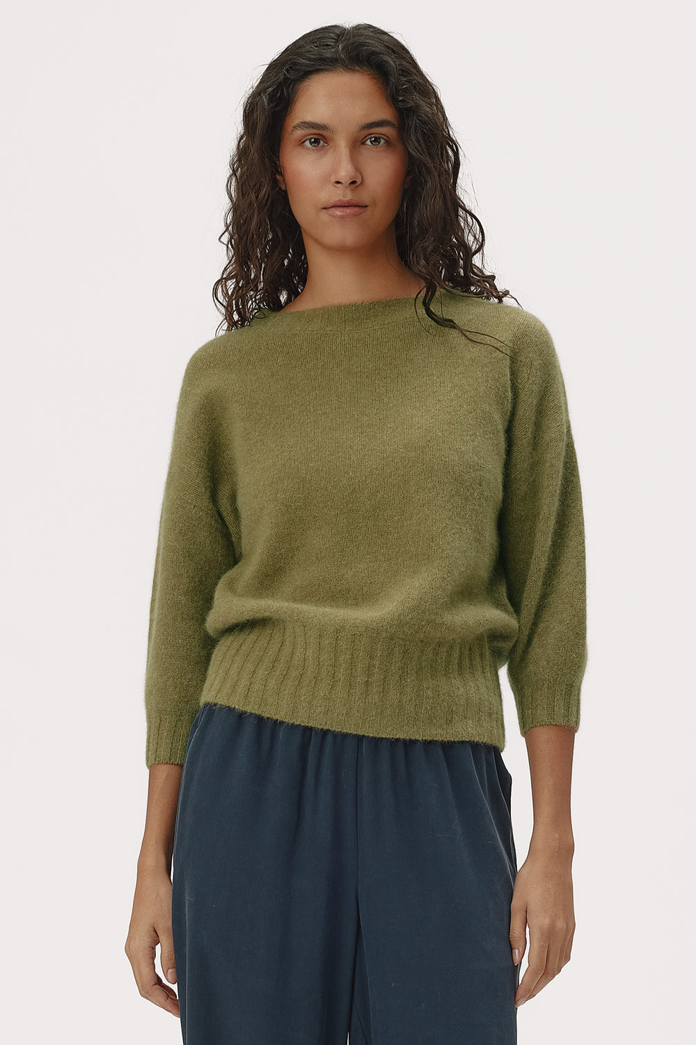Six Ames Mona Olive Green Melange Jumper 72379 C3840, styled on model close crop