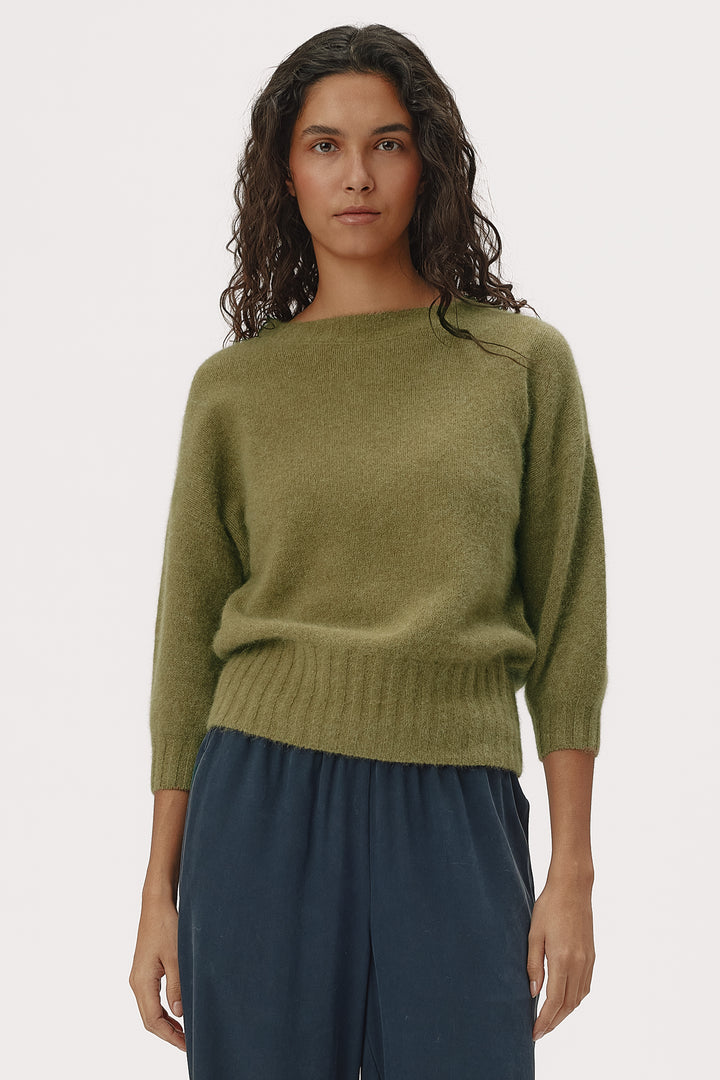 Six Ames Mona Olive Green Melange Jumper 72379 C3840, styled on model close crop