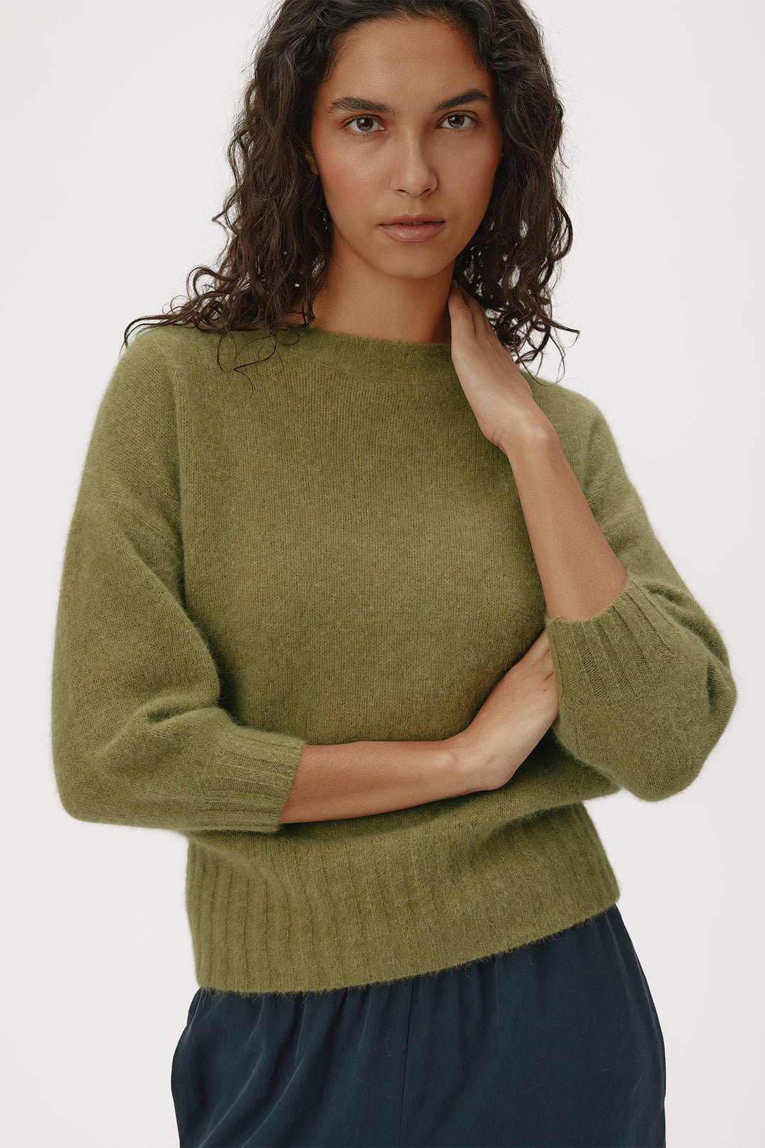 Six Ames Mona Olive Green Melange Jumper 72379 C3840, knit detail
