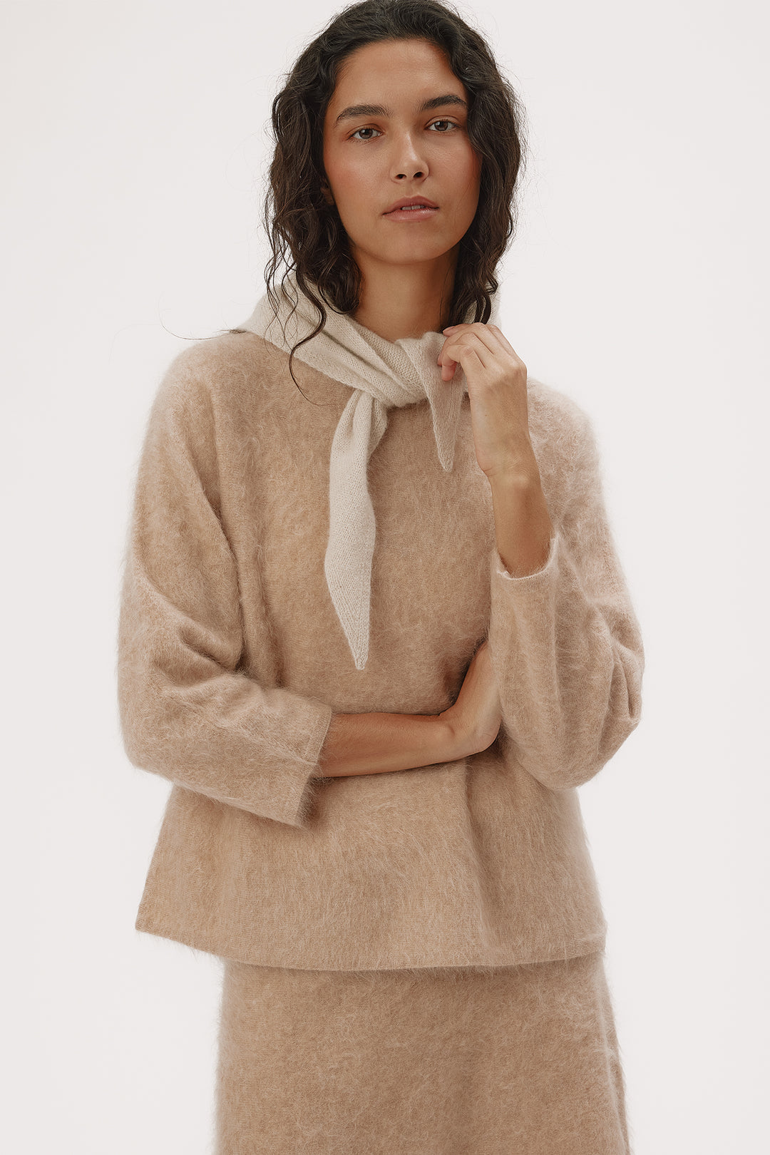 Six Ames Paula Oatmeal Beige Scarf 72409 C3820, styled on model