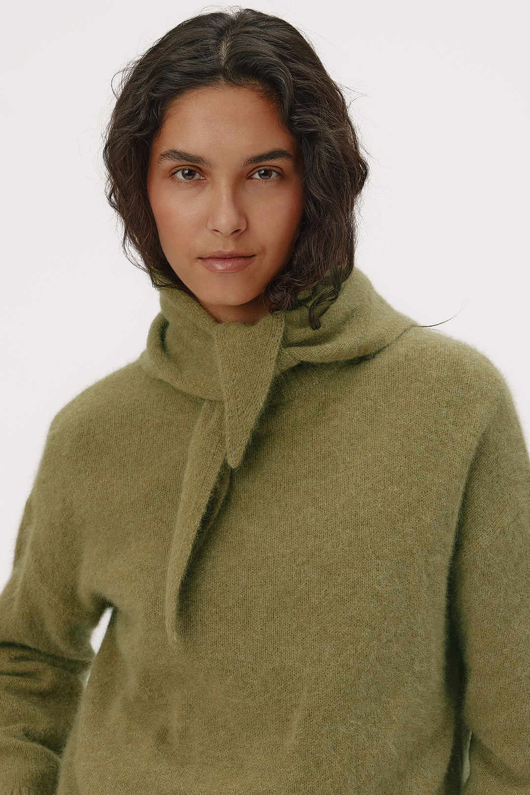 Six Ames Paula Olive Green Melange Scarf 72409 C3840, styled on model