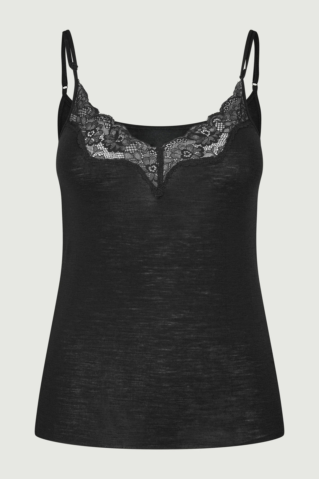 Black lace-trimmed camisole on a light gray background