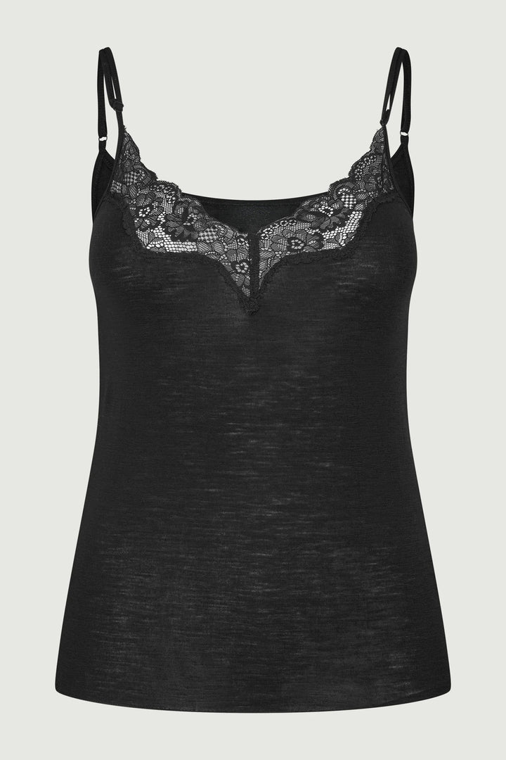Black lace-trimmed camisole on a light gray background