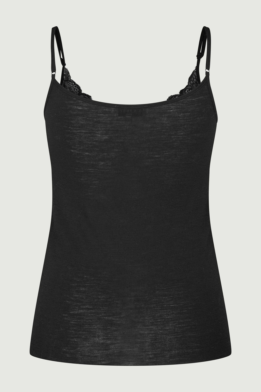 Black camisole with thin straps on a light gray background