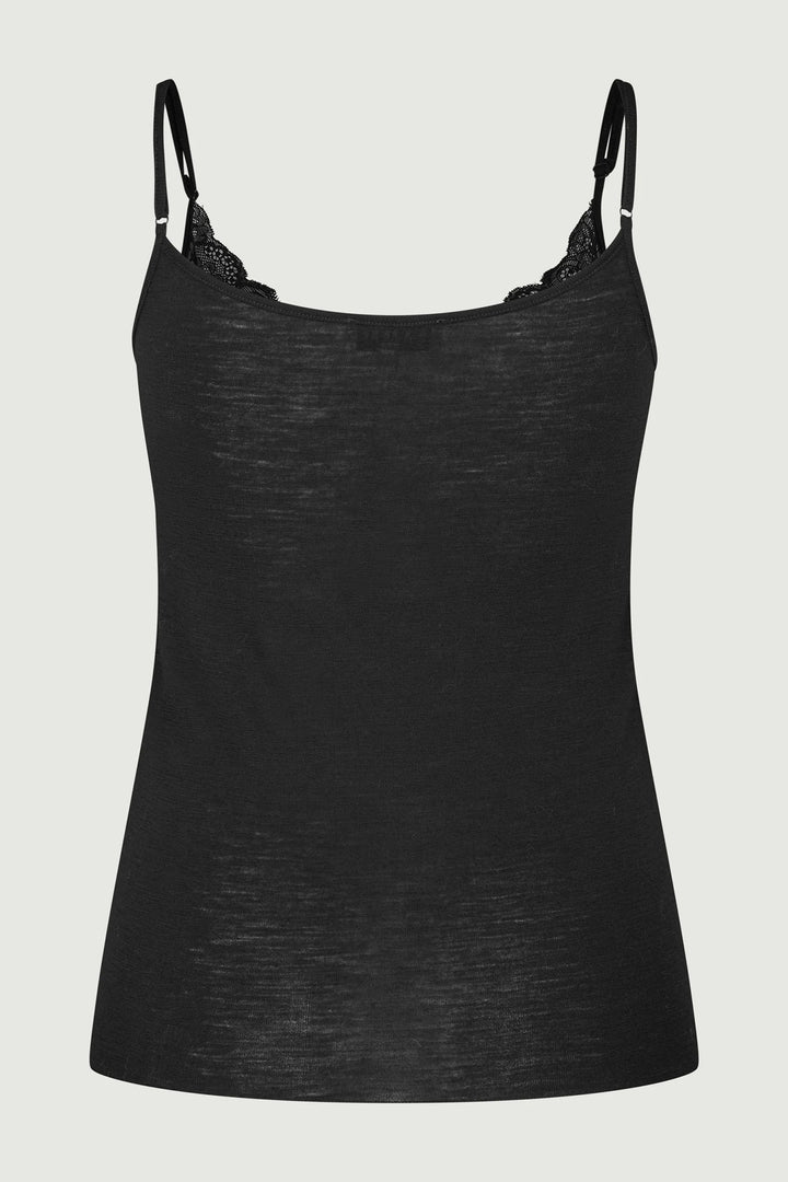 Black camisole with thin straps on a light gray background