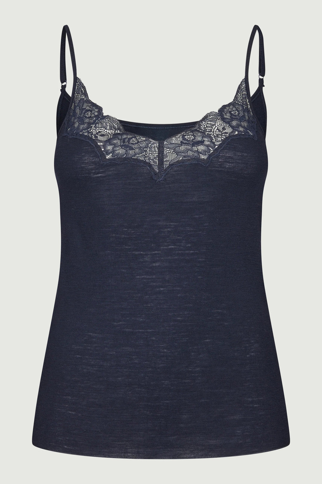 Navy blue camisole with lace detailing on a light gray background