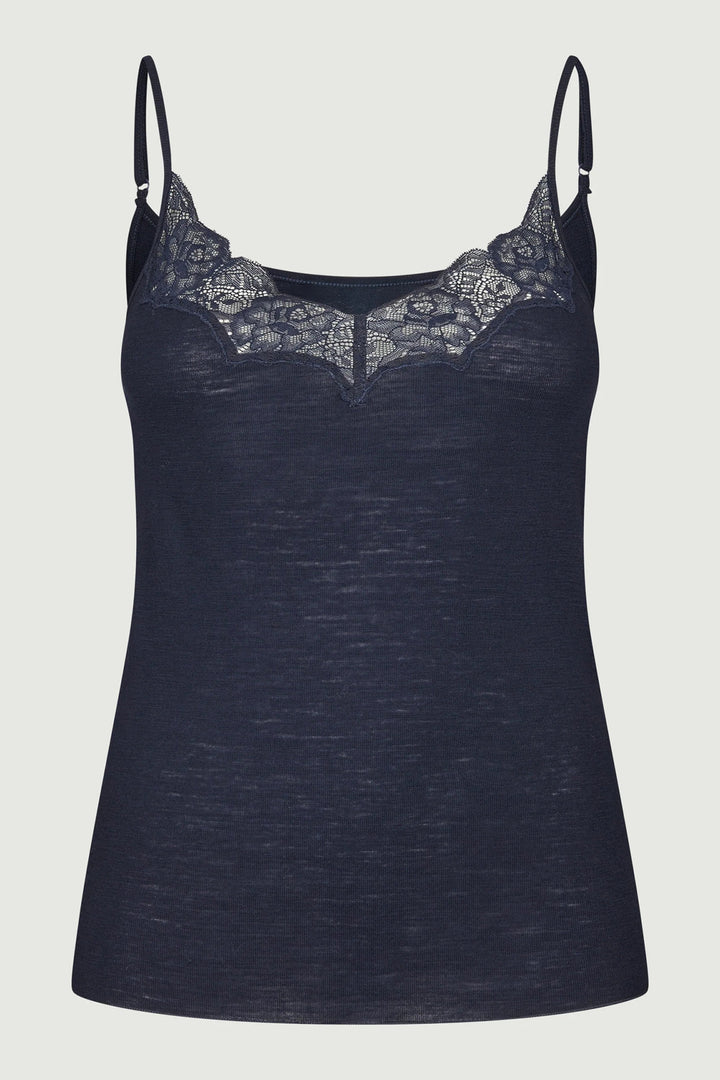 Navy blue camisole with lace detailing on a light gray background