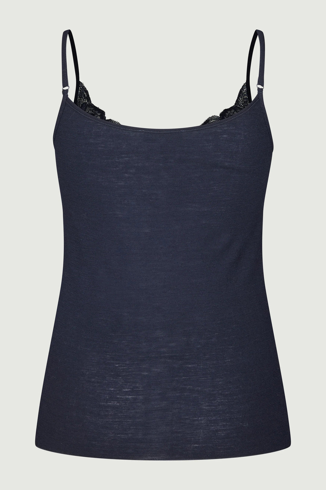 Navy blue camisole with thin straps on a light gray background