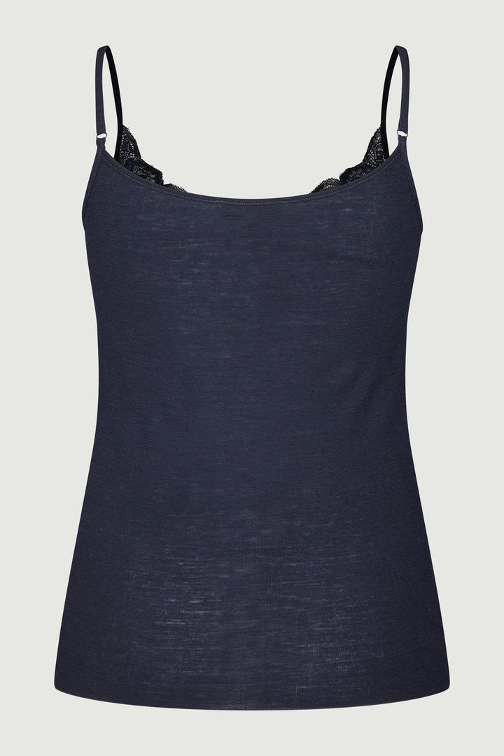 Navy blue camisole with thin straps on a light gray background