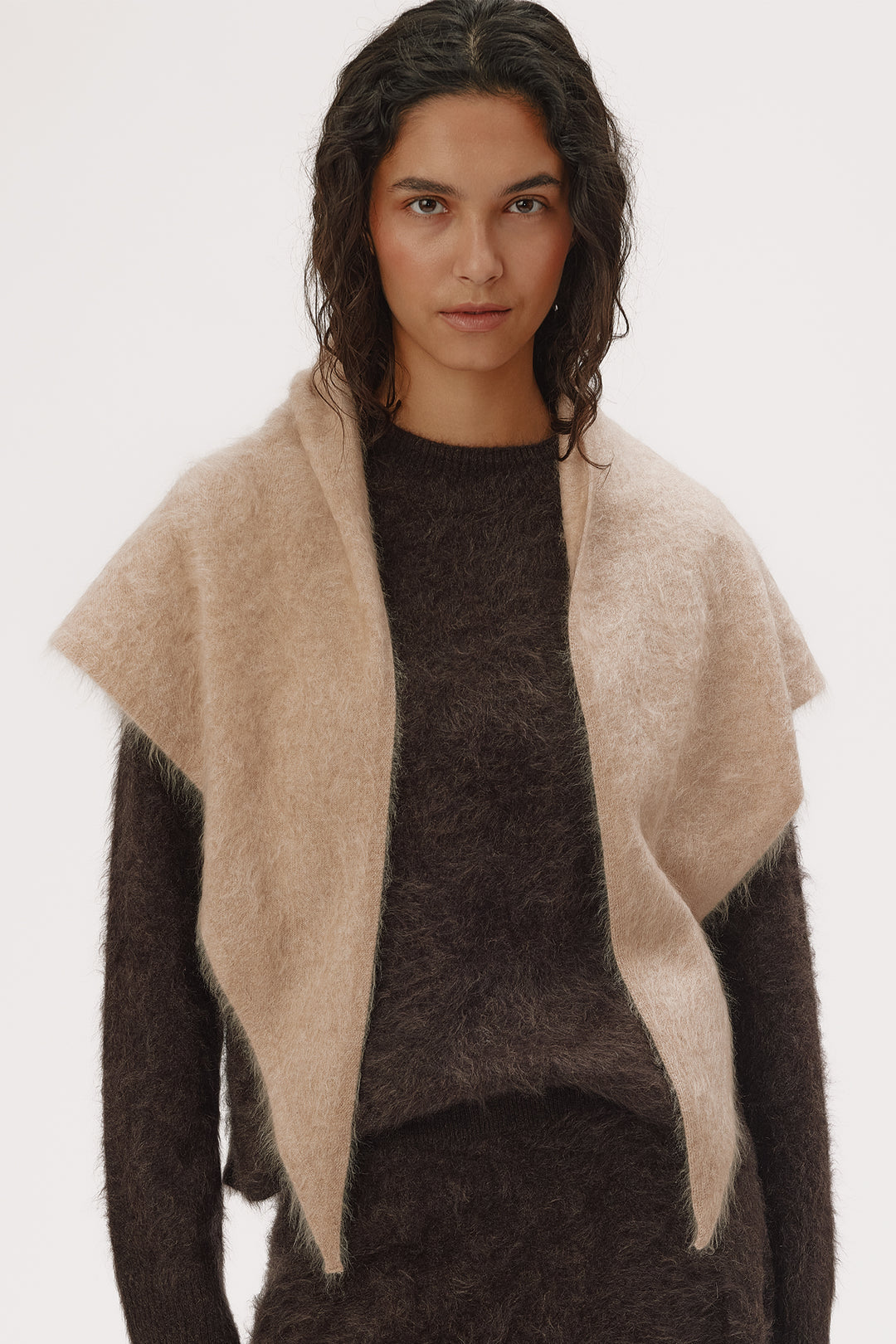 Six Ames Poppy Biscotti Beige Melange Scarf 72355 C3890, styled on model