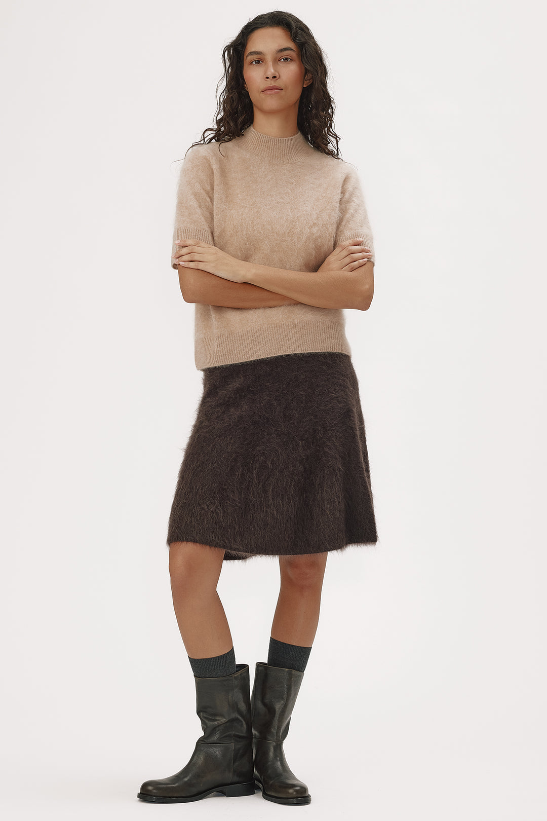 Six Ames Roma Biscotti Beige Melange Jumper 72357 C3890, styled on model