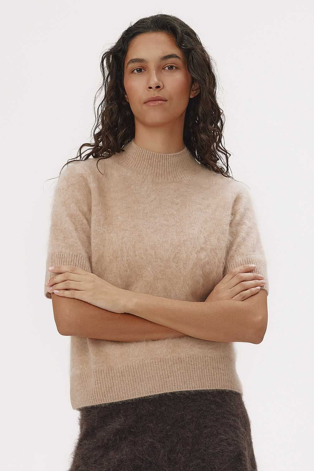 Six Ames Roma Biscotti Beige Melange Jumper 72357 C3890, styled on model close crop