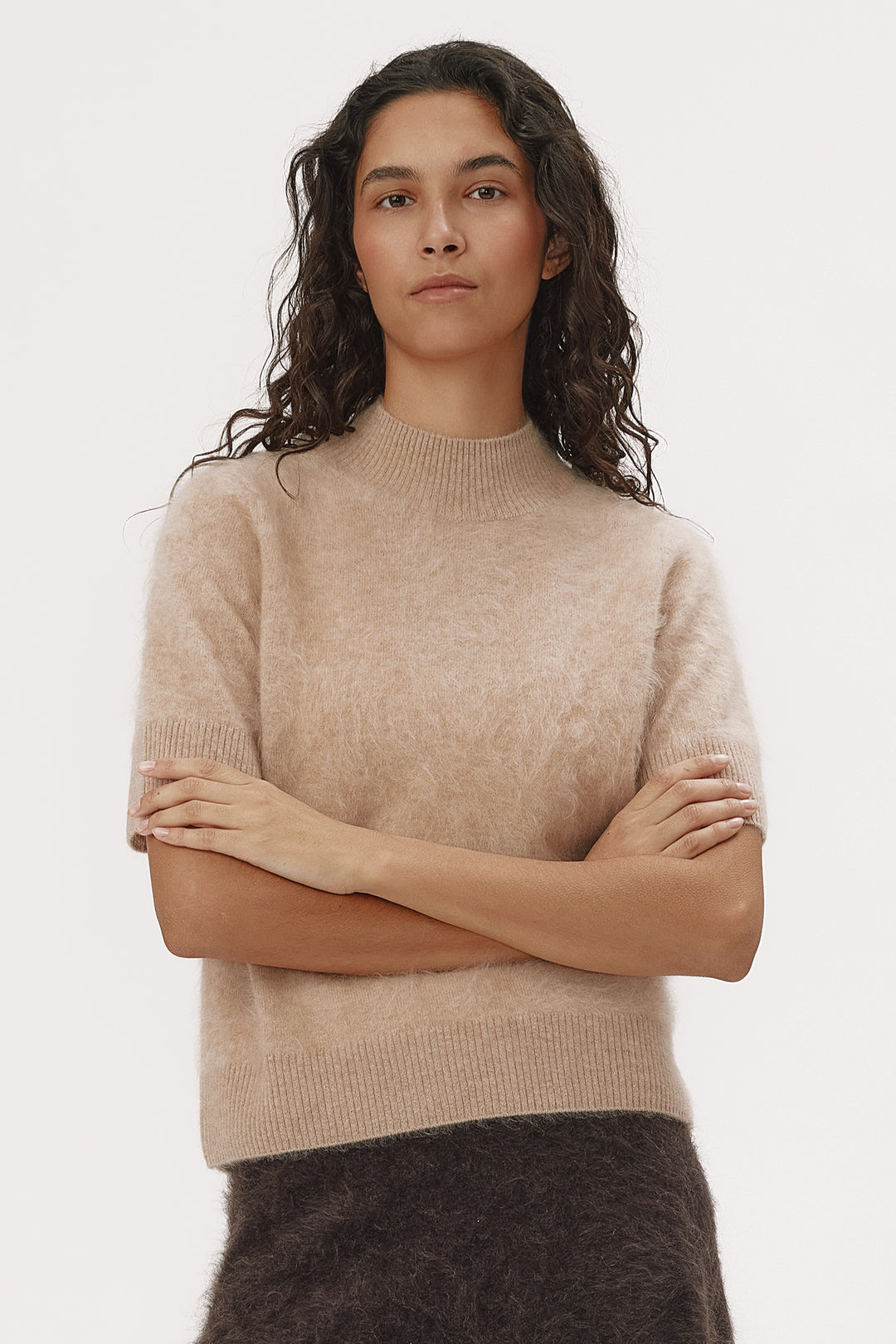 Six Ames Roma Biscotti Beige Melange Jumper 72357 C3890, styled on model close crop