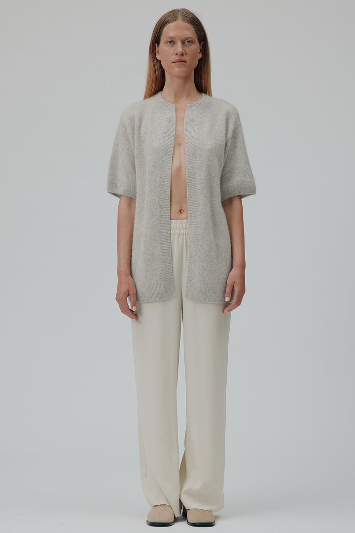 Six Ames Sony 72238 Grey Melange Half Sleeve Racoon Wool Cardigan C3010, styled on model
