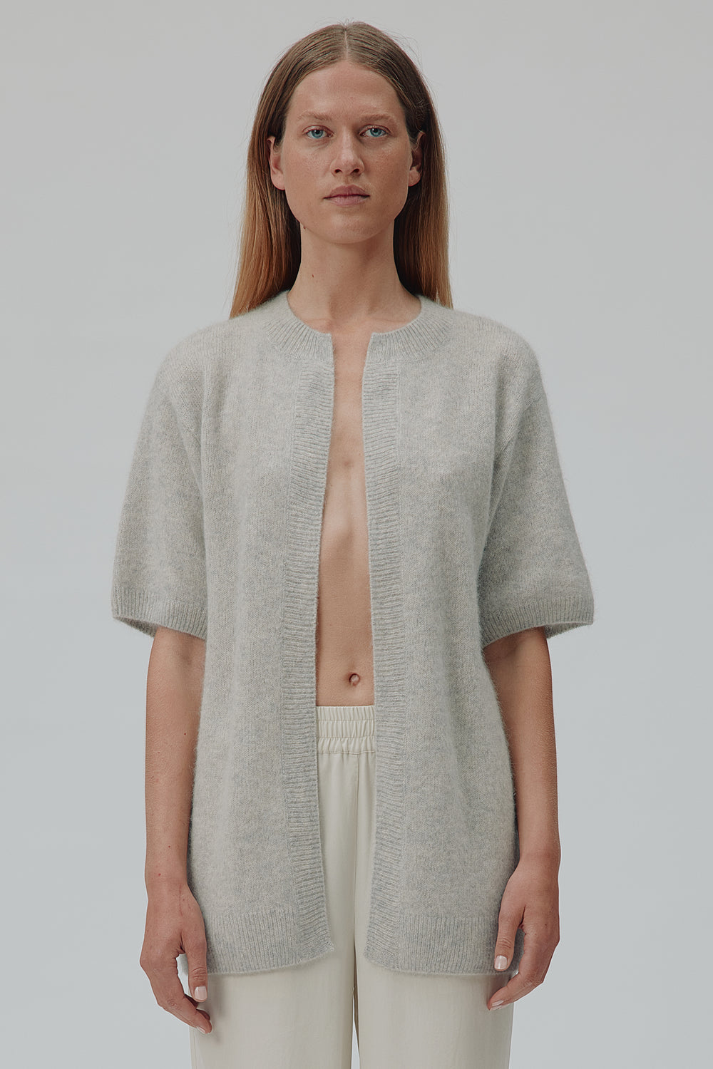 Six Ames Sony 72238 Grey Melange Half Sleeve Racoon Wool Cardigan C3010, styled on model close crop