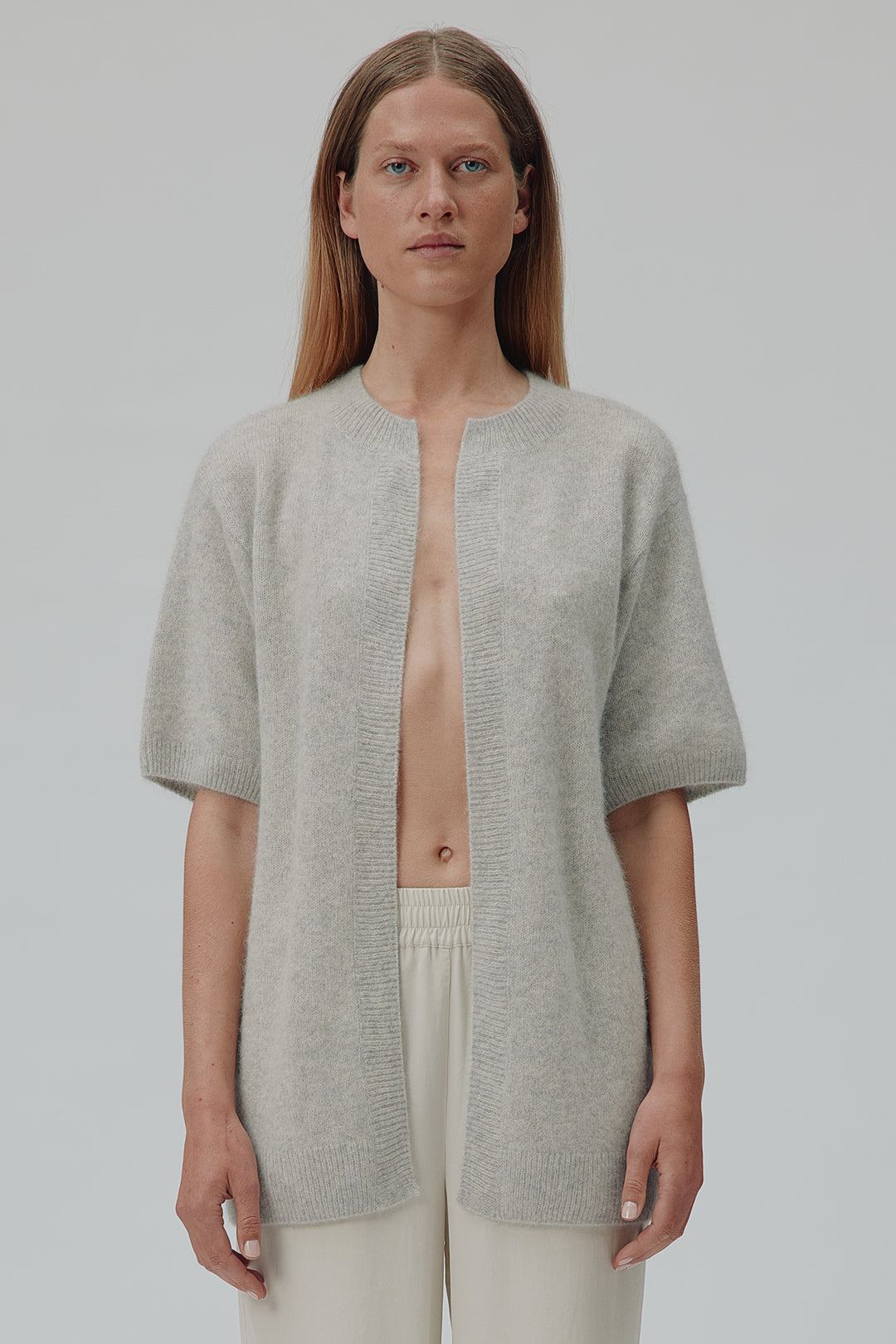 Six Ames Sony 72238 Grey Melange Half Sleeve Racoon Wool Cardigan C3010, styled on model close crop