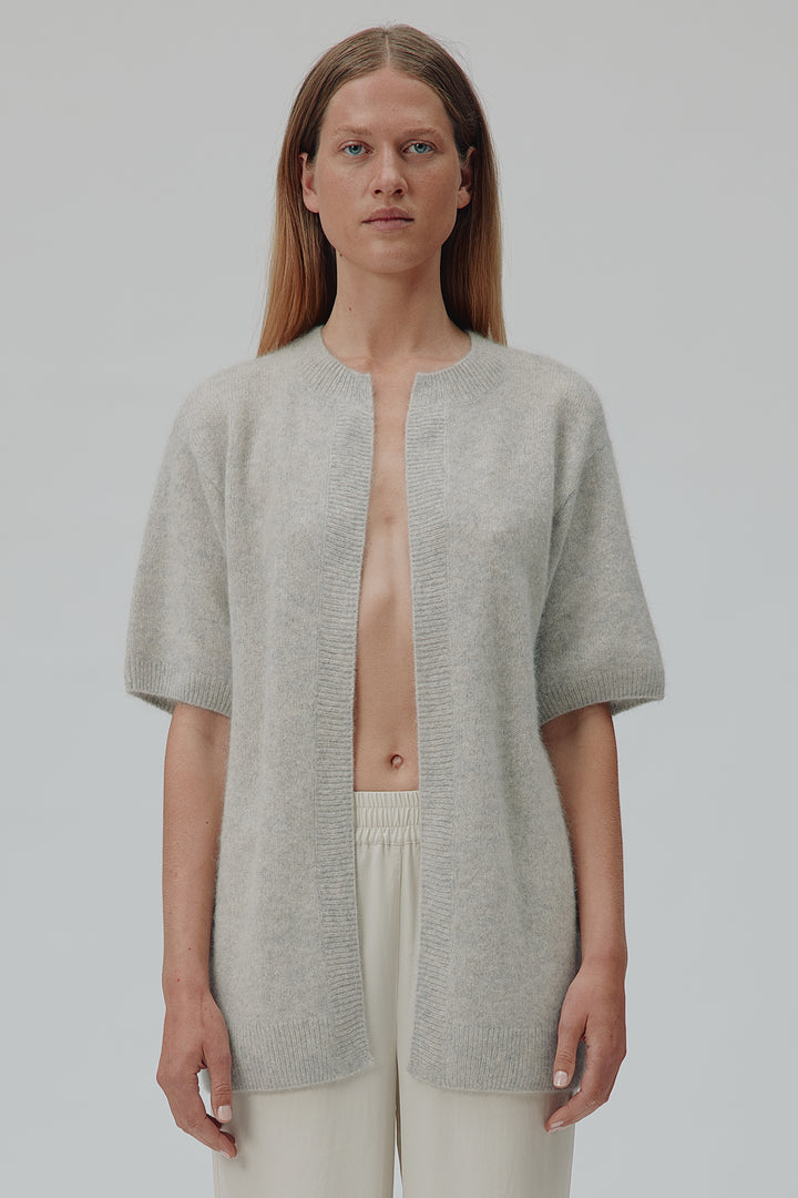 Six Ames Sony 72238 Grey Melange Half Sleeve Racoon Wool Cardigan C3010, styled on model close crop