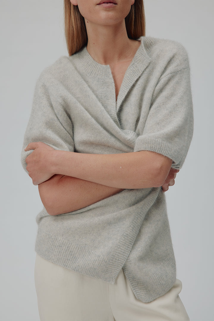 Six Ames Sony 72238 Grey Melange Half Sleeve Racoon Wool Cardigan C3010, knit detail