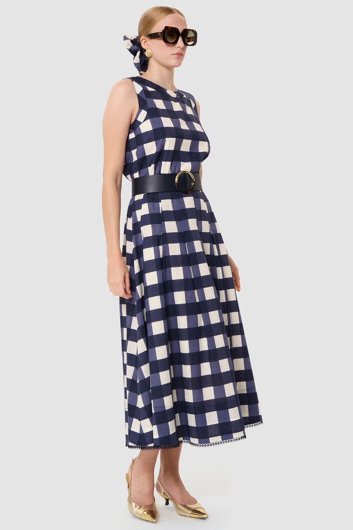 Tara Jarmon TVJUP25TV214 Javoue Linen Mix Skirt Midnight Blue Gingham - Lonah Boutique