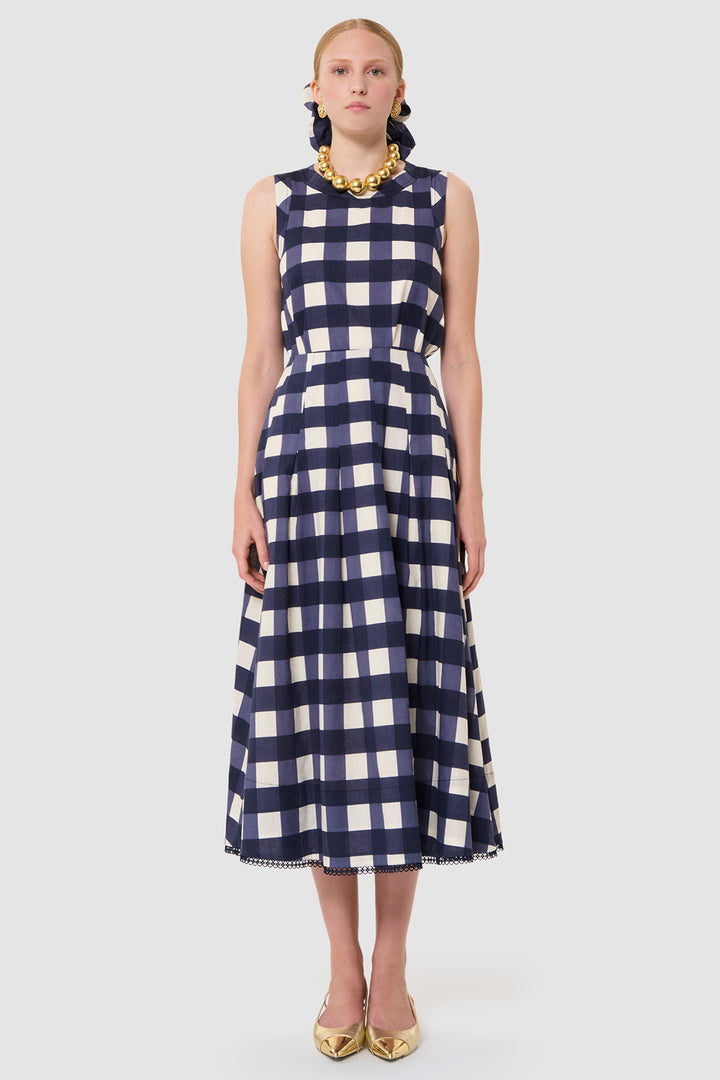 Tara Jarmon TVJUP25TV214 Javoue Linen Mix Skirt Midnight Blue Gingham - Lonah Boutique