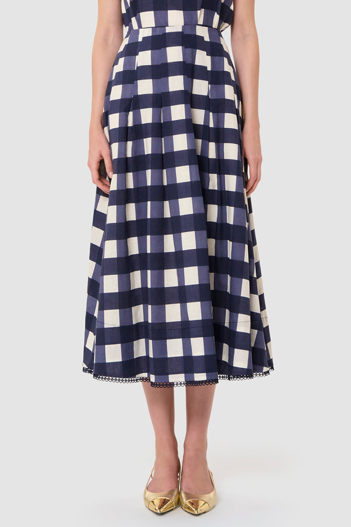 Tara Jarmon TVJUP25TV214 Javoue Linen Mix Skirt Midnight Blue Gingham - Lonah Boutique